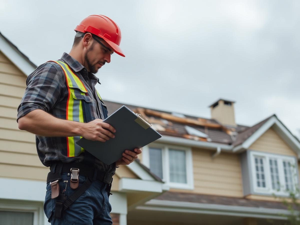 Contractor completing a storm damage roof inspection